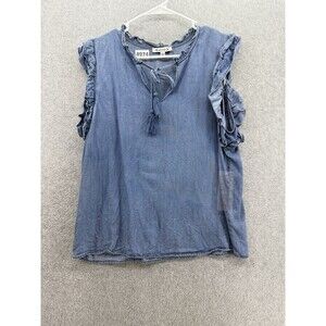 Nanette Lepore Women's Blouse Chambray Solid Blue Ruffle Size Large Tie Front